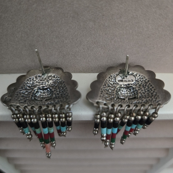 LT Sterling Silver Earrings Native-Inspired, Colorful Bead Fringe - Picture 2 of 3